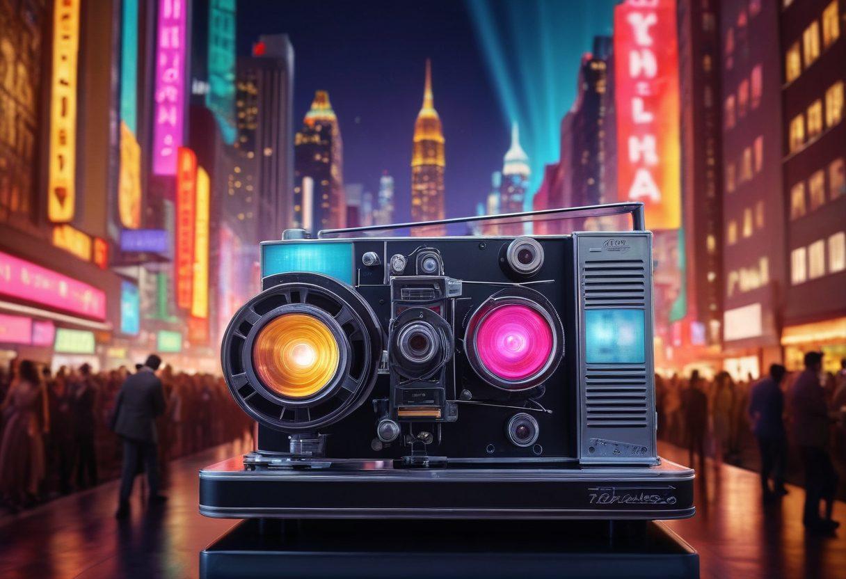 A cinematic scene unfolding on a silver screen with vibrant film reels surrounding it, featuring iconic film characters in dynamic poses. Include a colorful film projector casting light, illuminating an audience in awe. The background should depict a stylized city skyline, representing the trendy aspects of modern cinema. Create a sense of excitement and focus on storytelling elements. super-realistic. vibrant colors. 3D.