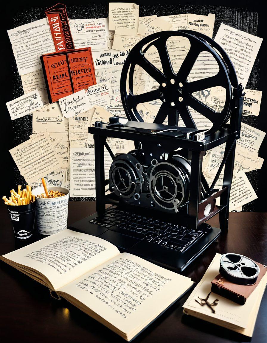 A dynamic collage showcasing elements of film commentary, featuring a vintage film reel, a notebook filled with handwritten notes, and a laptop displaying a streaming service interface. Surrounding these elements are iconic movie quotes and symbols, like a director's chair and popcorn. The background has a cinematic vibe with soft lighting, reminiscent of a cozy film-watching atmosphere. super-realistic. vibrant colors. 3D.
