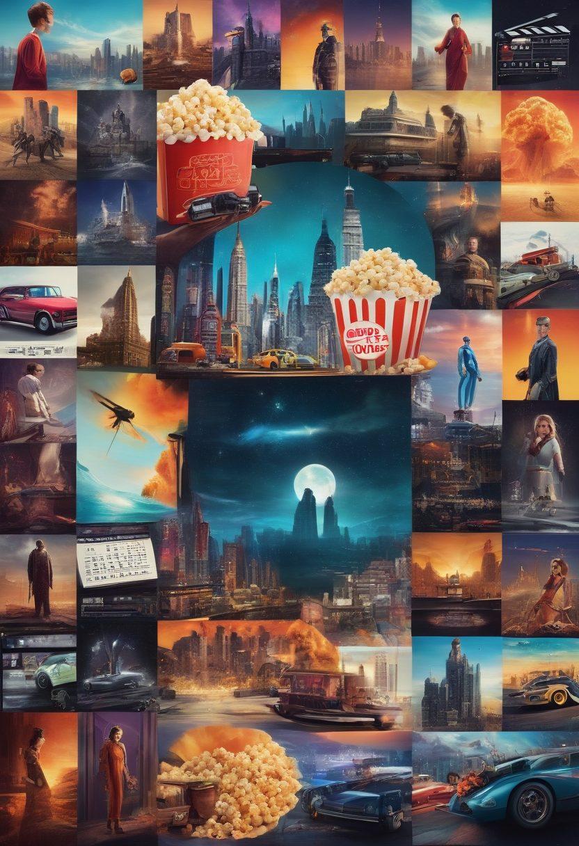 A dynamic collage featuring iconic elements from upcoming films, such as futuristic cityscapes, diverse characters in vibrant costumes, and trending cinematic technology. Include a film reel and a calendar to symbolize time and changes in pop culture. The background should be a fusion of bright colors representing various genres, with film-related motifs like popcorn and clapperboards accentuating the foreground. super-realistic. vibrant colors. cinematic style.